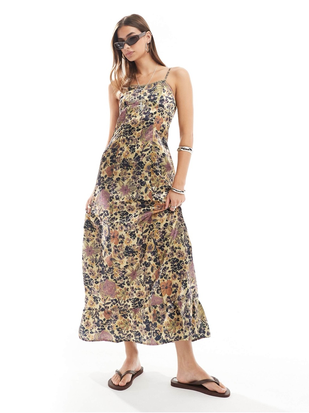 Reclaimed Vintage Gold/Purple Floral Print Cami Midi Dress